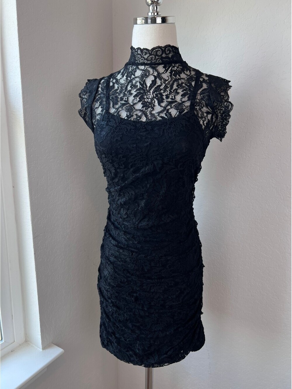 Vintage Y2K AGACI 2000s Gothic Black Lace Bodycon Dress High Neck size Small